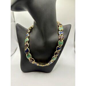 Vintage Style Enamel Gold Tone Multi Color Chain Necklace Green Blue